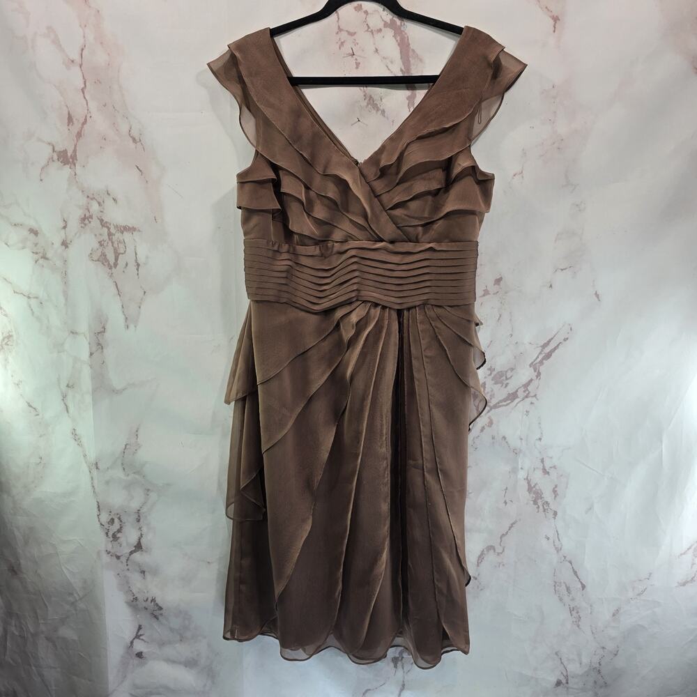 Adrianna Papell Dress Womens 12 Brown Ruffle Layered Tier Mother Bride Double V